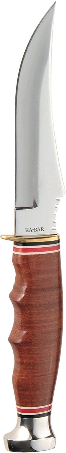 Ka-Bar 1233 Skinner Fixed Blade Knife 4.38" Polished SS Blade, Stacked Leather Handle & Sheath