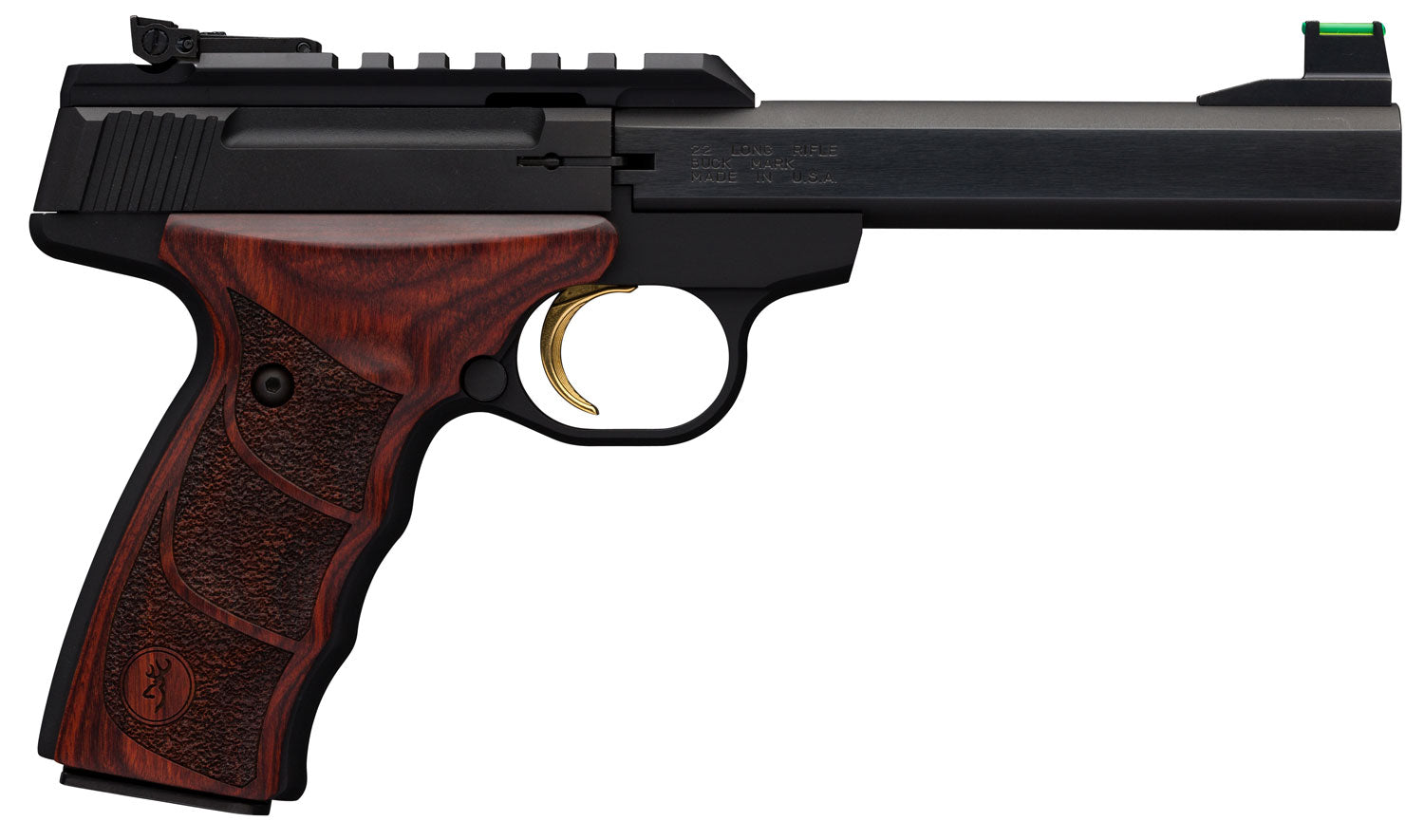 Browning 051533490 Buck Mark Plus 22 LR 10+1, 5.50in Slab Side Barrel, Matte Black Optic Ready Slide, Rosewood Ultragrip DX Grips
