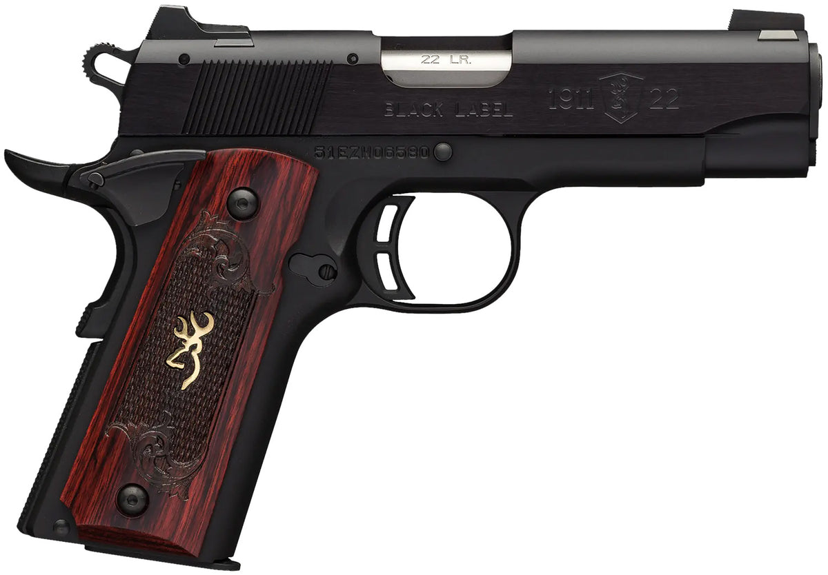Browning 051852490 1911 Black Label Medallion Compact 22 LR 10+1, 3.63in Target Crown Barrel, Matte Black Serrated Slide & Aluminum Frame w/Beavertail