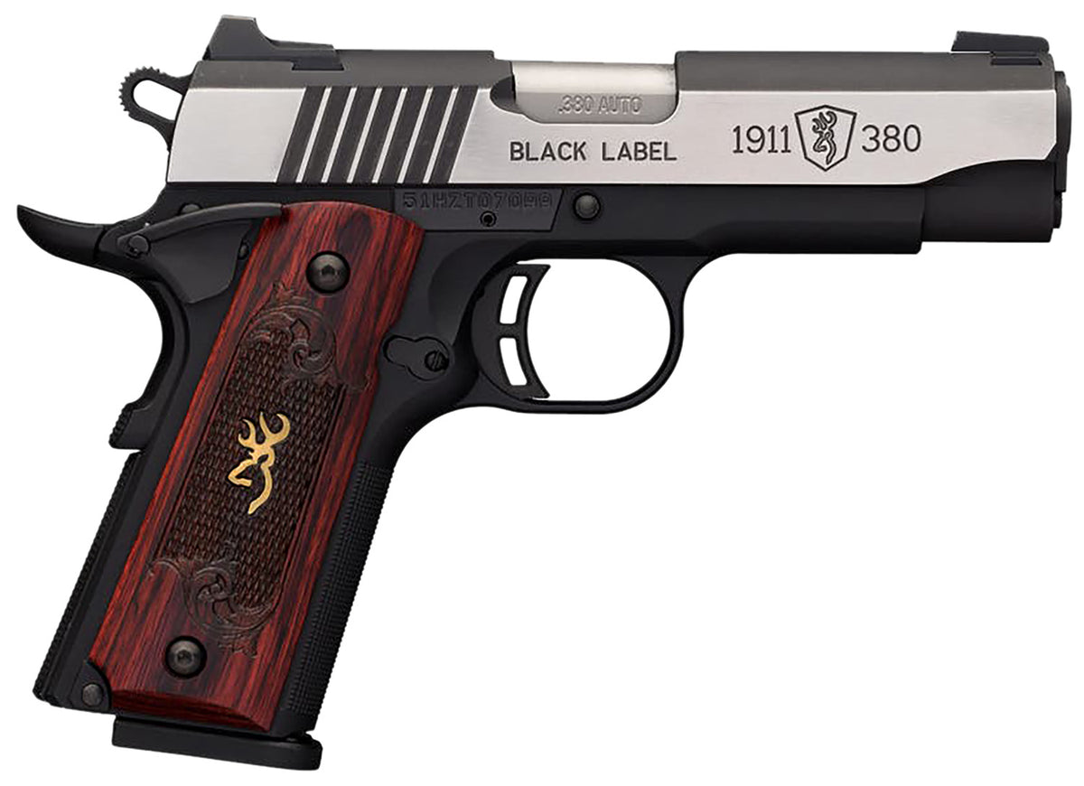 Browning 051913492 1911-380 Black Label Medallion Pro Compact 380 ACP 8+1, 3.63in Target Crown Steel Barrel, Blackened SS Slide, Matte Black Polymer Frame w/Beavertail
