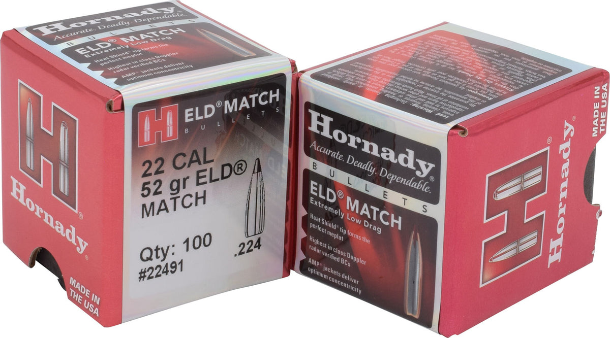 Hornady 22Cal .224 52gr ELD Match High BC Target Bullets 100 Per Box