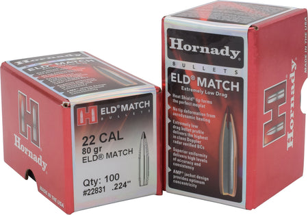 Hornady 22Cal .224 80gr ELD Match High BC Target Bullets 100 Per Box