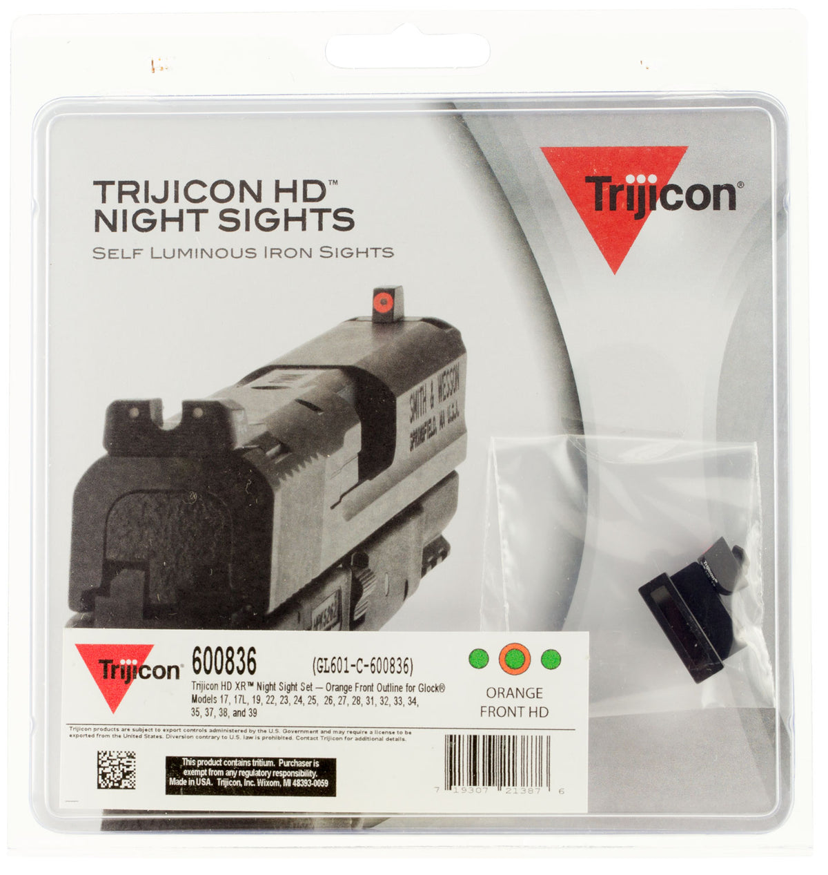 Trijicon 600836 Glock 17/17L/19/22 HD XR Night Sights – Green/Orange Front, Green Rear