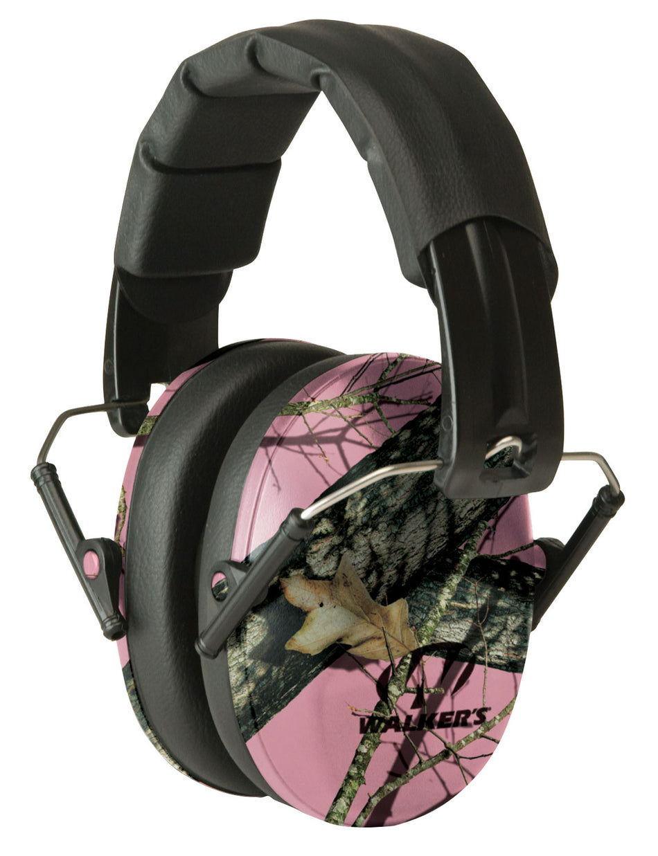 Walker's GWPFPM1PKMO Pro Low Profile Folding Hearing Muff 22 dB Mossy Oak Pink Camo