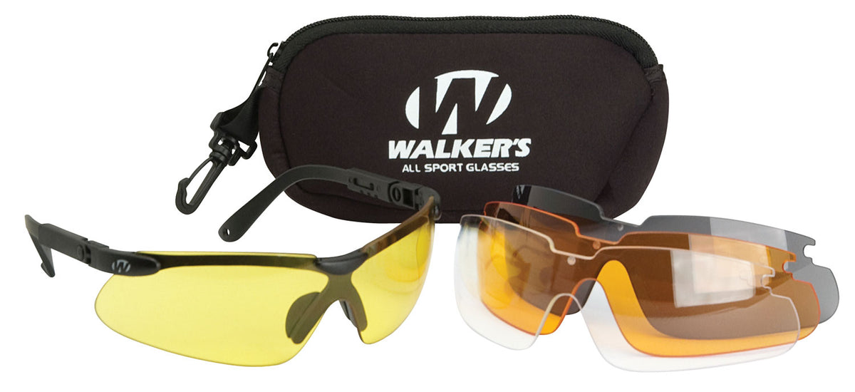 Walker's Sport Glasses Combo Kit, 4 Lenses (Clear/Smoke/Amber/Yellow), Polycarbonate Black Frame