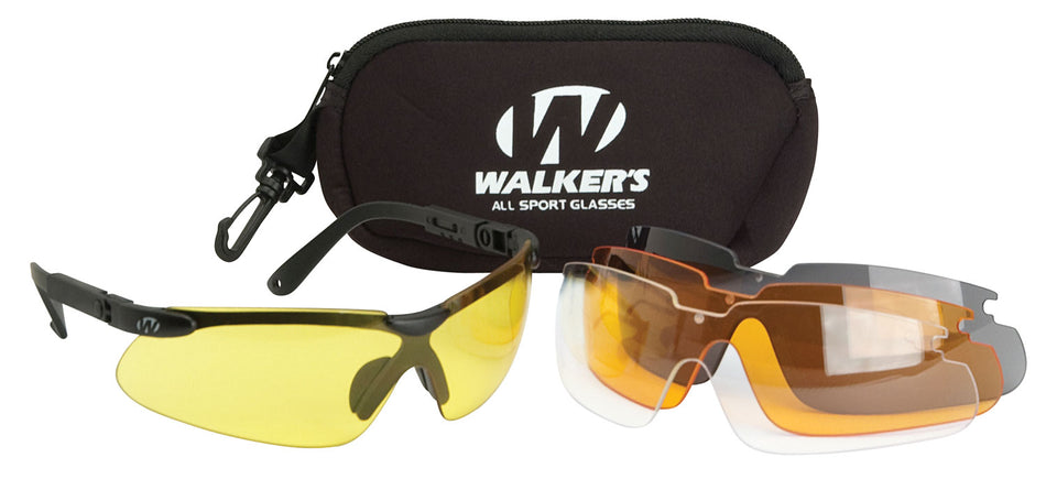 Walker's Sport Glasses Combo Kit, 4 Lenses (Clear/Smoke/Amber/Yellow), Polycarbonate Black Frame