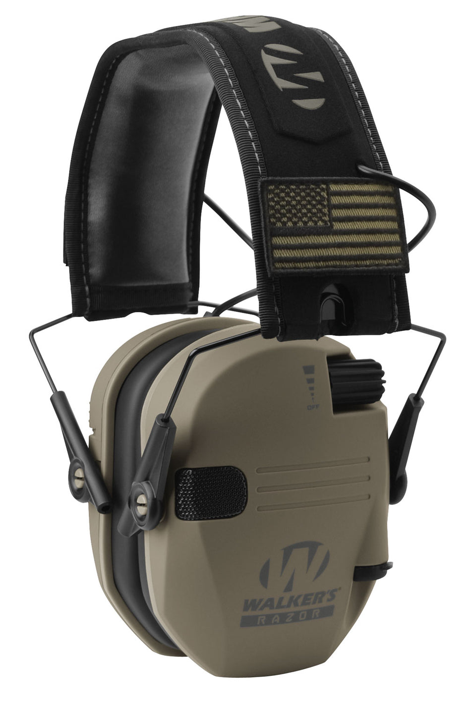 Walker's GWPRSEMPAT Razor Patriot Slim Muff 23 dB FDE/Black with USA Flag Patches