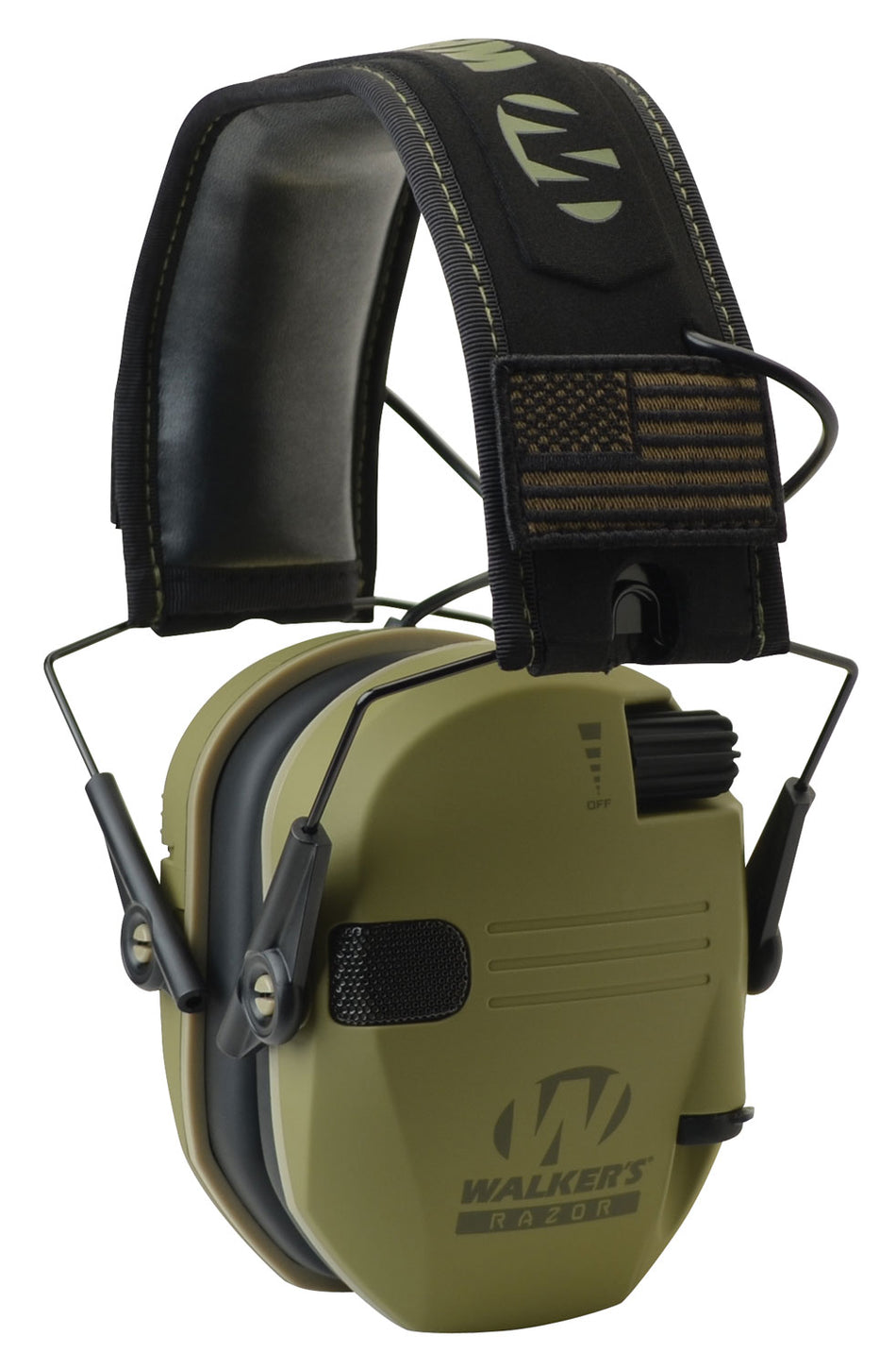 Walker's GWPRSEMPAT Razor Patriot Slim Muff 23 dB OD Green/Black with USA Flag Patches