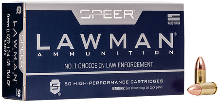 Speer 9mm Luger/Parabellum 53824 Lawman Training Clean-Fire Total Metal Jacket Round Nose 124 Grain