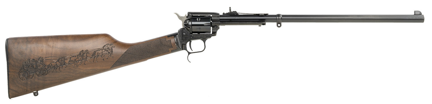Heritage Mfg BR226B16HSWB01 Rough Rider Rancher Exclusive Configuration Full Size 22 LR 6rd 16" Barrel, Black Steel Frame, Blued Steel Receiver, Fixed Engraved Stagecoach Engraved Walnut Stock, Wood E