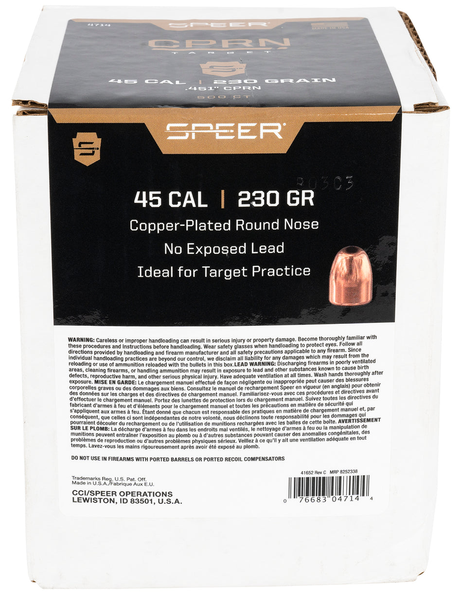 Speer 4714 .45 Caliber 230gr Round Nose Handgun Component Bullets 500 Box