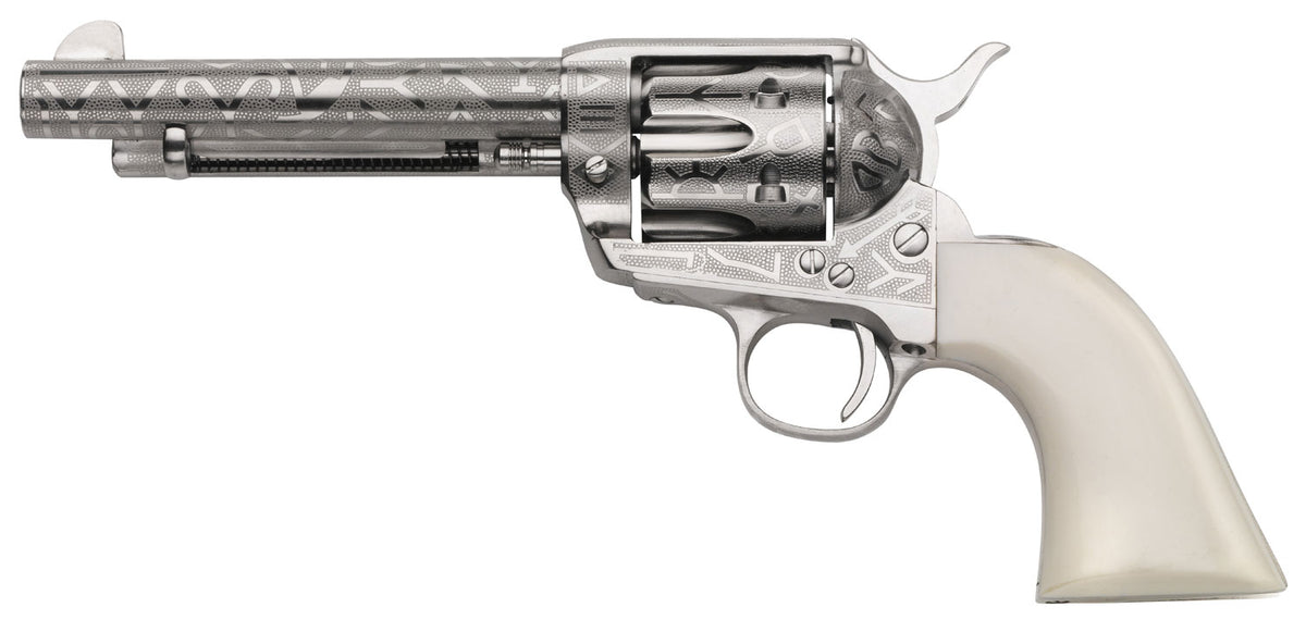 Taylors & Company 200061 1873 Cattle Brand Pietta .45 Colt 6-Shot Revolver, 5.50" Nickel Engraved Barrel & Cylinder, Steel Frame, White PVC Navy Grip