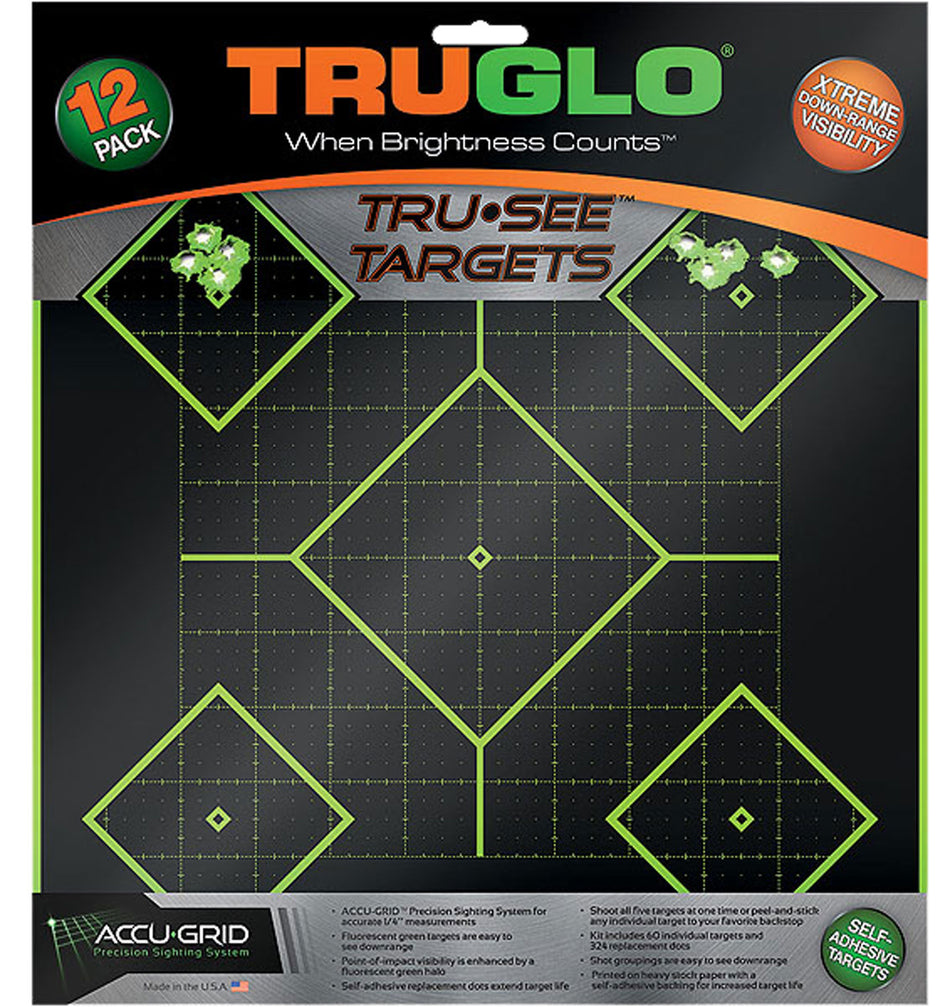 TruGlo TG14A12 Tru-See 5-Diamond Fluorescent Green Self-Adhesive Paper Targets 12x12" 12-Pack