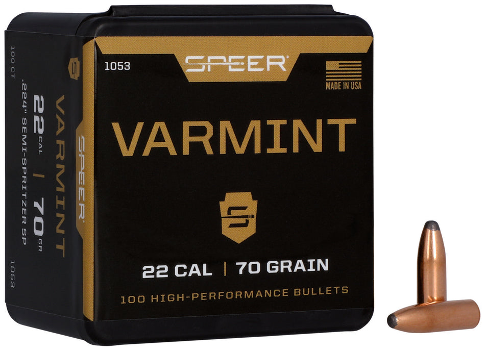 Speer Varmint 22 Cal 70 Grain Jacketed Soft Point Bullets Box of 100