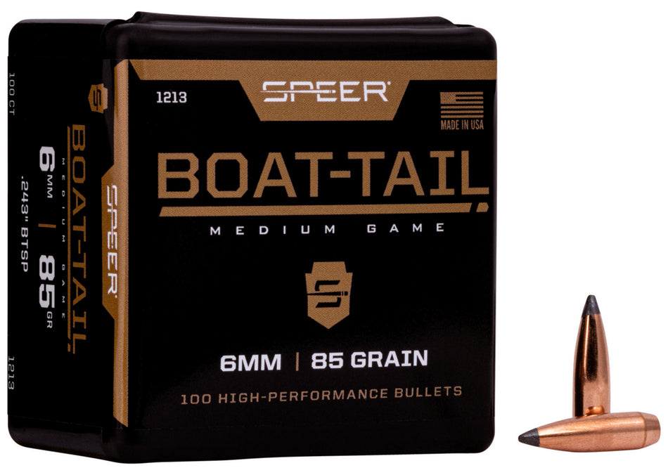 Speer Boat-Tail 6mm Caliber 85 Grain Soft Point Component Bullets Box of 100