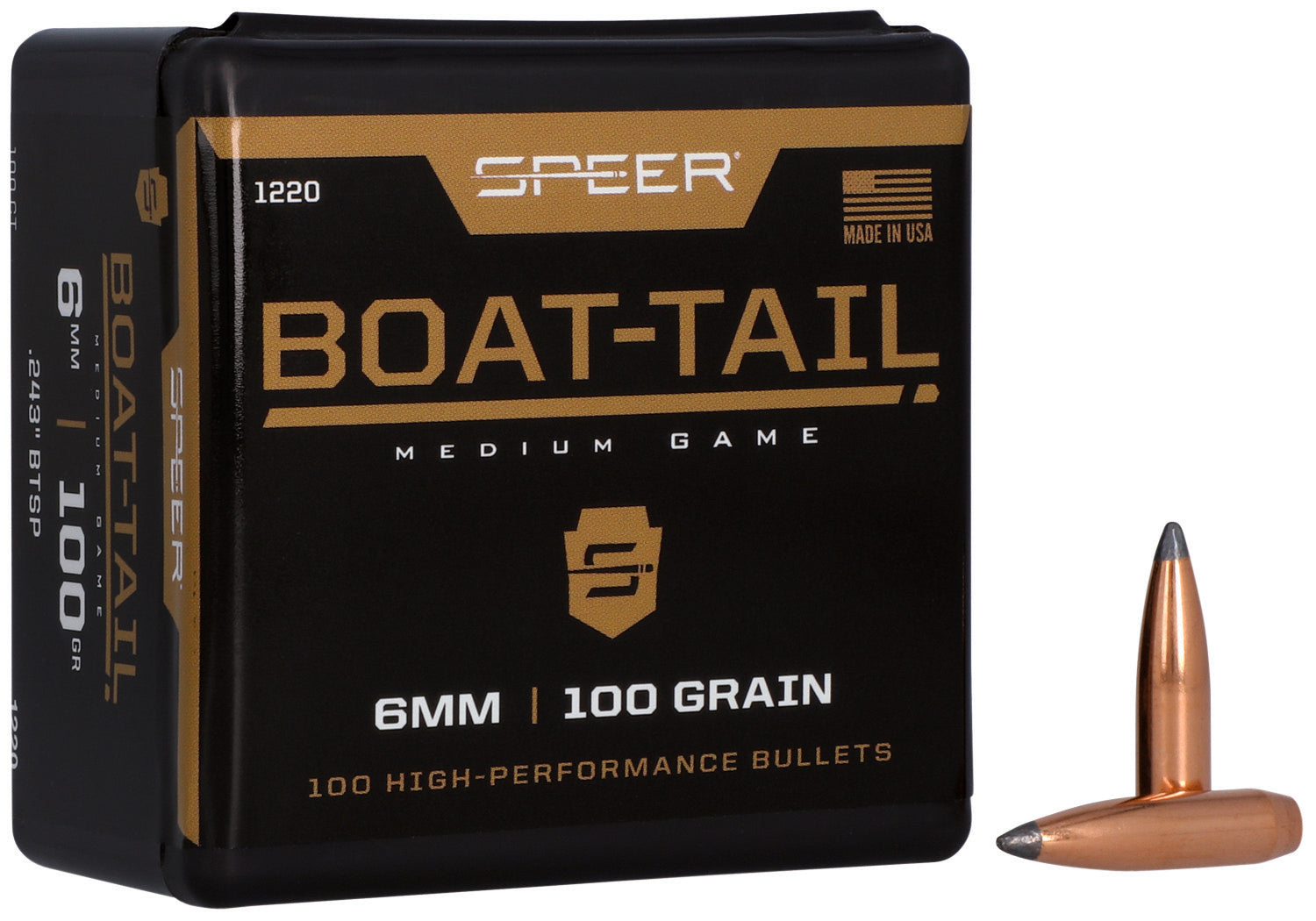Speer Boat-Tail 6mm Caliber 100 Grain Soft Point Component Bullets Box of 100