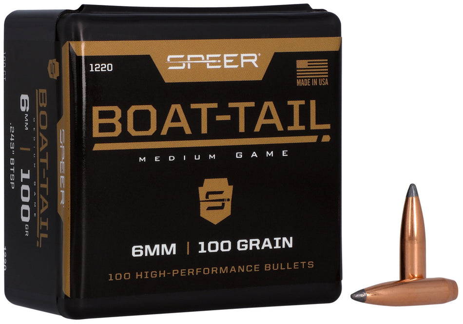 Speer Boat-Tail 6mm Caliber 100 Grain Soft Point Component Bullets Box of 100