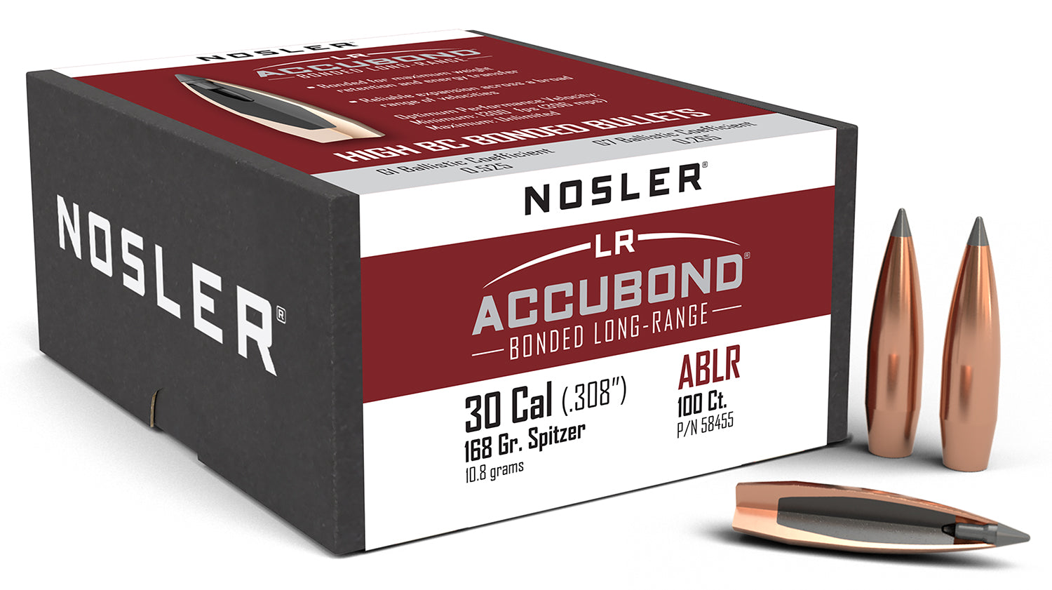 Nosler AccuBond-LR .30 Caliber 168gr Spitzer Boat Tail Long Range Bullets Box of 100