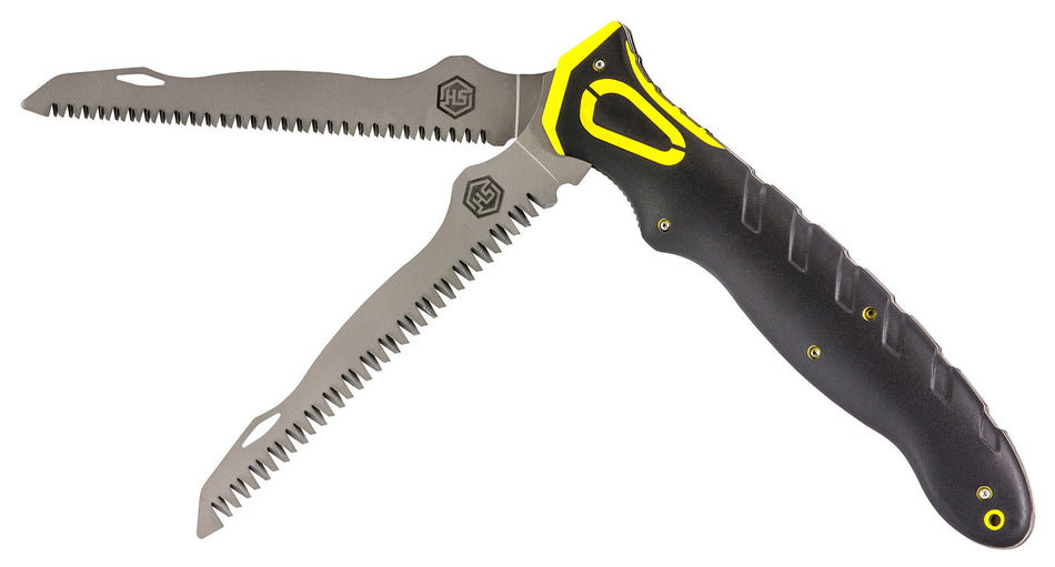 Hunters Specialties 100053 Command Grip Dual Saw Folding SS 12" Bone and Wood Blade Field Dressing Saw Black Rubber Handle Nylon Sheath