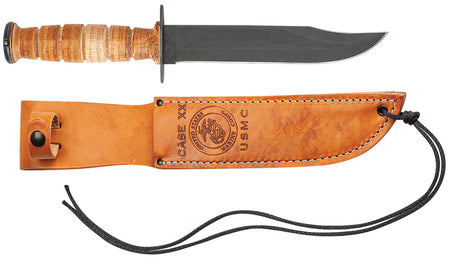 Case 00334 USMC Fixed Blade Knife 7", Blackened Carbon Steel Blade, Grooved Leather Handle & Presentation Box
