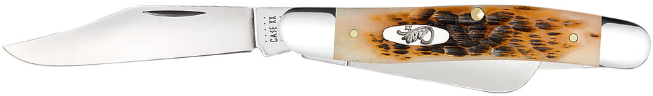Case Medium Stockman Three-Blade Folding Knife Mirror Polish SS Blade Amber Bone Handle
