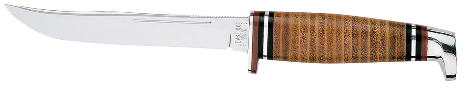 Case Hunter Fixed Blade Knife 5" Clip Point Mirror Polished SS Blade Grooved Leather Handle Includes Sheath
