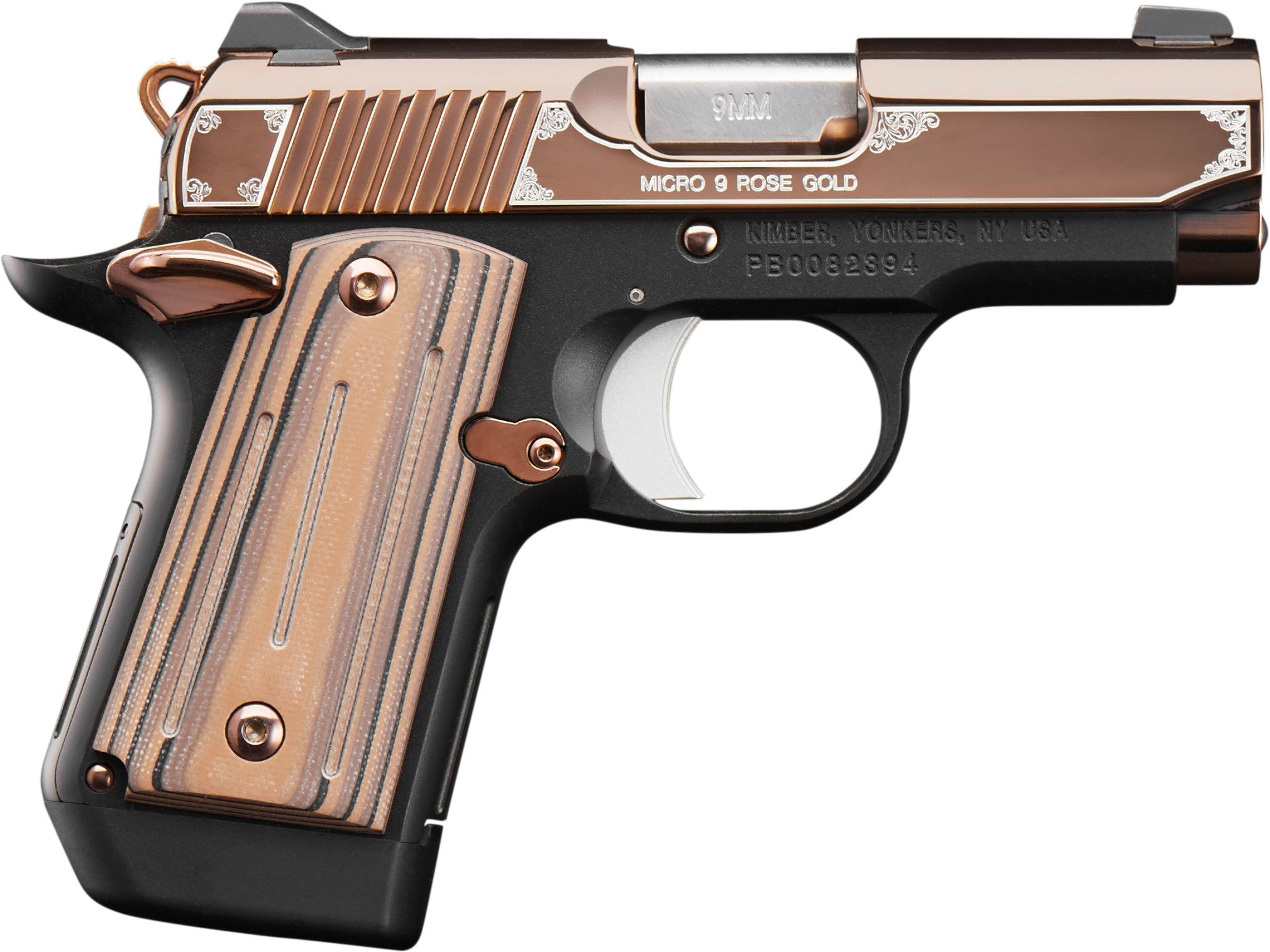 Kimber Mfg, Inc 3300174 Micro 9 9mm Luger 7+1 3.15" Stainless Ramped Steel Barrel, Rose Gold PVD Stainless Steel Serrated Slide, Matte Black Aluminum Frame, Black/Rose Gold G10 Grip