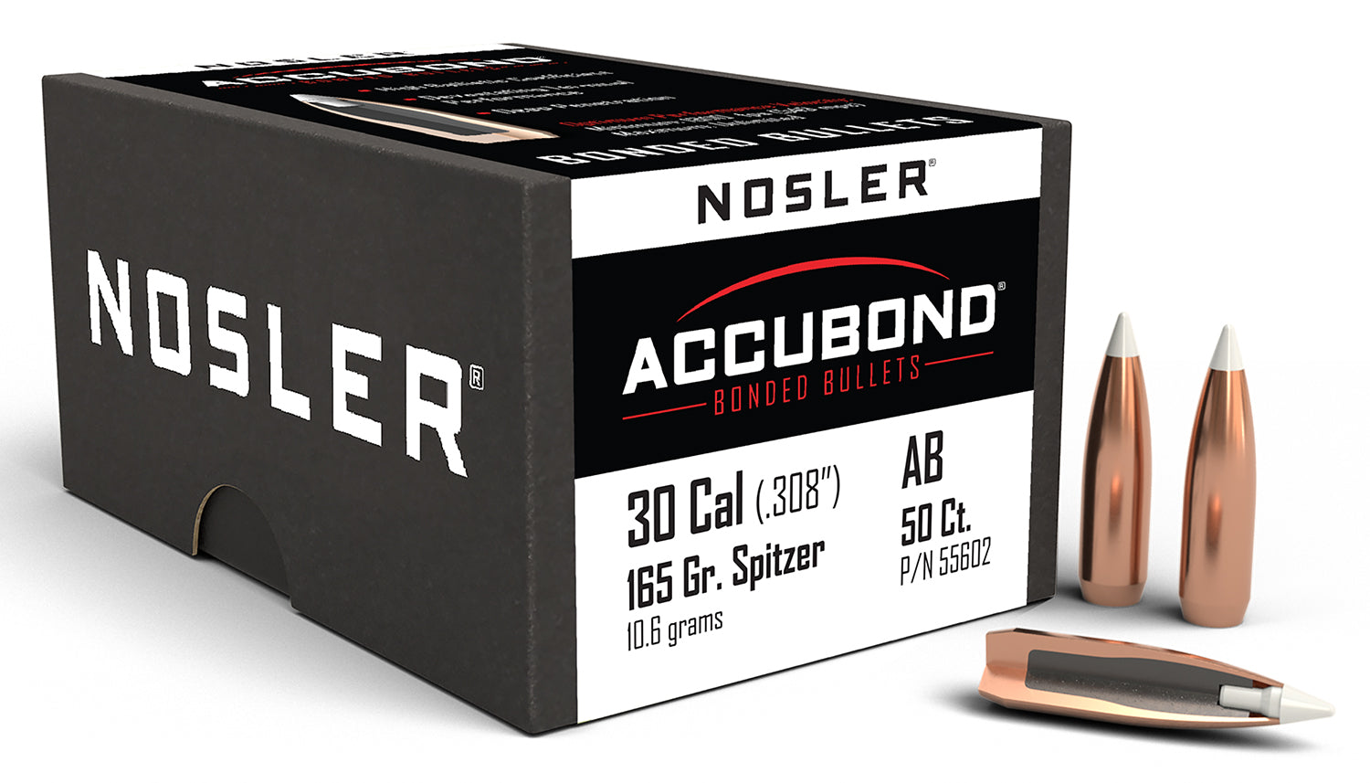 Nosler AccuBond .30 Caliber 165gr Spitzer Boat Tail Hunting Bullets Box of 50