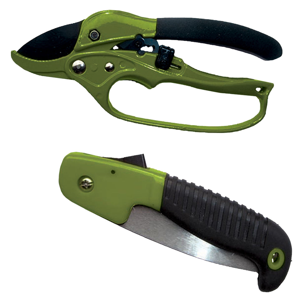 HME Hunter's Combo Pack Mini 7" Folding Saw with Locking Blade and Heavy-Duty Bypass Shears Black Polymer