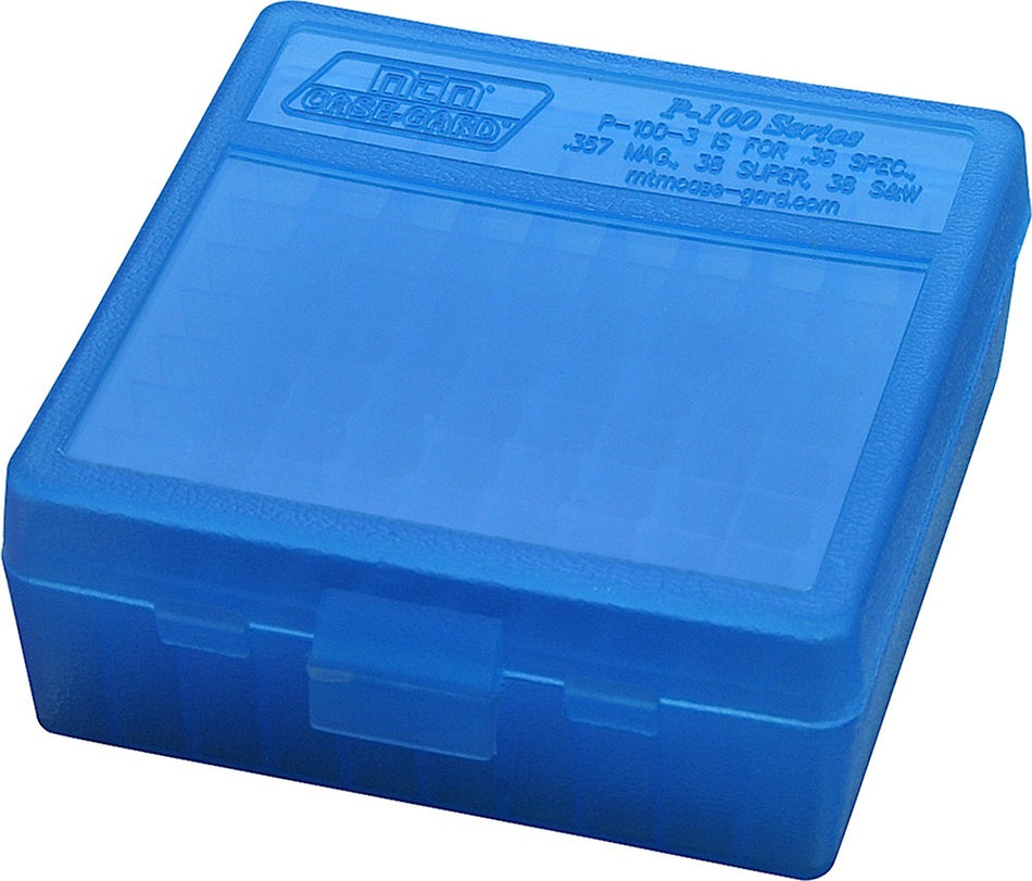 MTM Case-Gard P100324 Clear Blue 100 Round Flip-Top Handgun Ammo Box Multi-Caliber