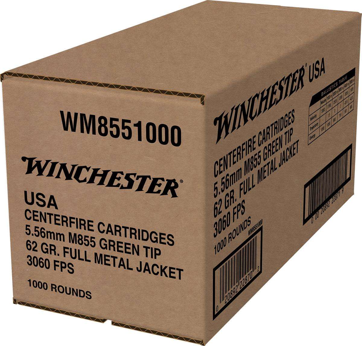 Winchester 5.56x45mm NATO WM8551000 USA M855 Green Tip Full Metal Jacket FMJ 62 Grain