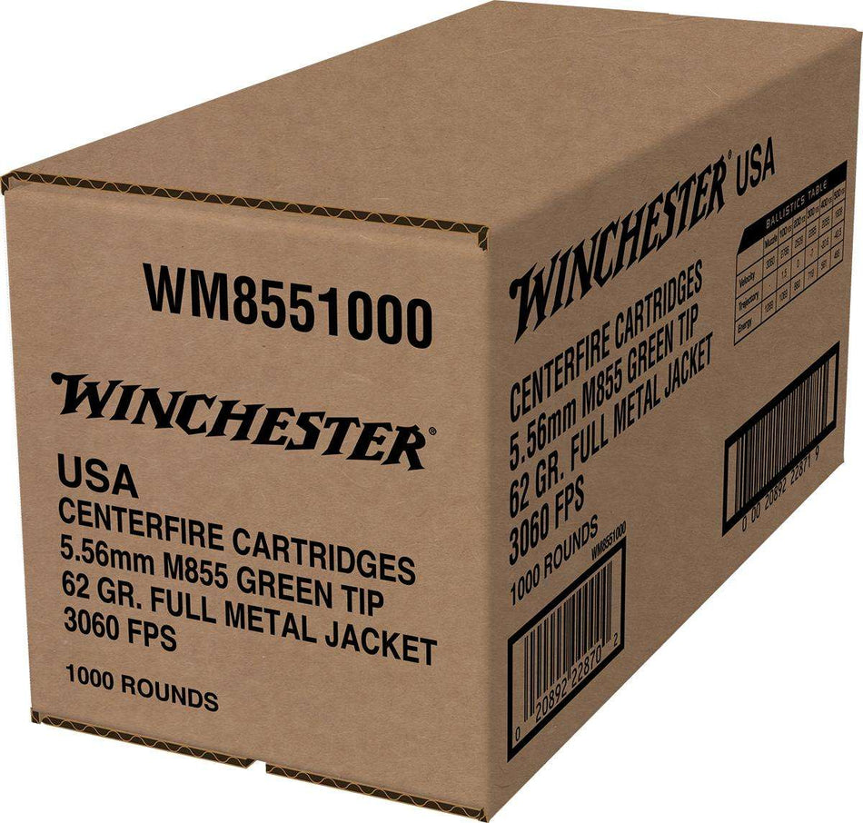 Winchester 5.56x45mm NATO WM8551000 USA M855 Green Tip Full Metal Jacket FMJ 62 Grain