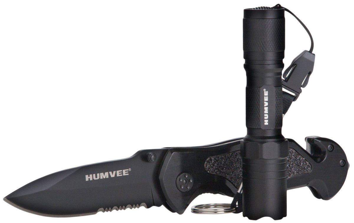 Humvee HMVKCER1 Emergency Rescue Knife Combo 3.25" Half-Serrated Blade Black Aluminum Handle Glass Breaker Seatbelt Cutter Tactical LED Flashlight