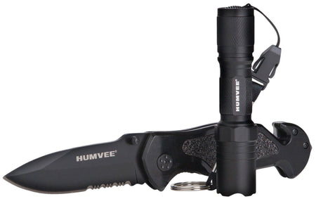 Humvee HMVKCER1 Emergency Rescue Knife Combo 3.25" Half-Serrated Blade Black Aluminum Handle Glass Breaker Seatbelt Cutter Tactical LED Flashlight