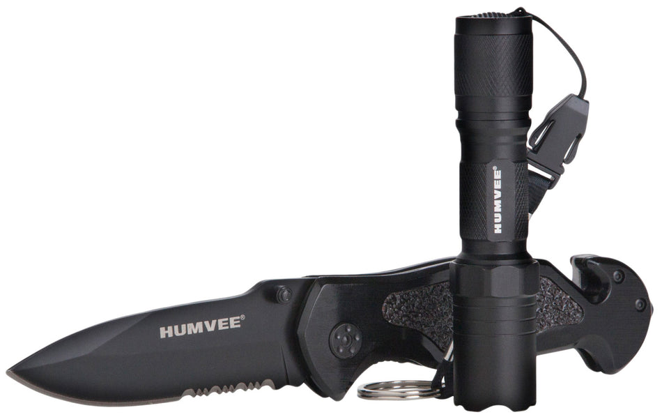 Humvee HMVKCER1 Emergency Rescue Knife Combo 3.25" Half-Serrated Blade Black Aluminum Handle Glass Breaker Seatbelt Cutter Tactical LED Flashlight