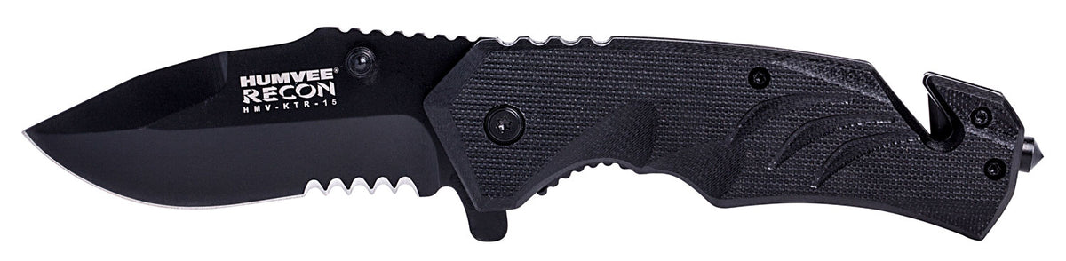 Humvee HMVKTR15 Recon Tactical Folding Knife 3" Drop Point Partially Serrated Black Stainless Blade Textured Handle Seatbelt Cutter