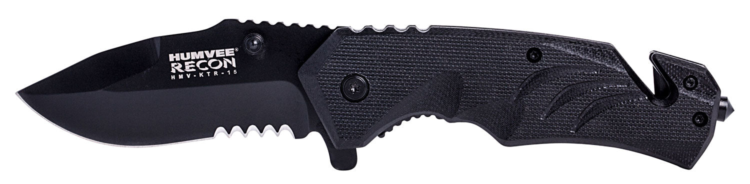 Humvee HMVKTR15 Recon Tactical Folding Knife 3" Drop Point Partially Serrated Black Stainless Blade Textured Handle Seatbelt Cutter