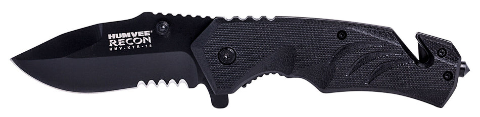 Humvee HMVKTR15 Recon Tactical Folding Knife 3" Drop Point Partially Serrated Black Stainless Blade Textured Handle Seatbelt Cutter