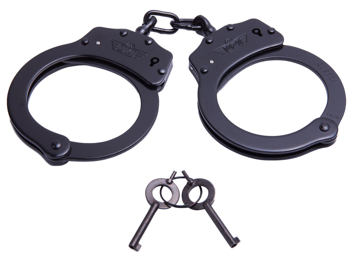 Uzi Black Stainless Steel Chain Handcuffs 20 Locking Positions 2 Keys