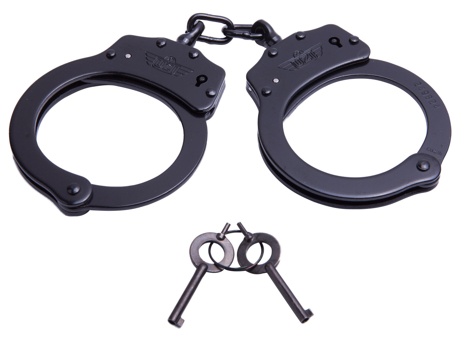Uzi Black Stainless Steel Chain Handcuffs 20 Locking Positions 2 Keys