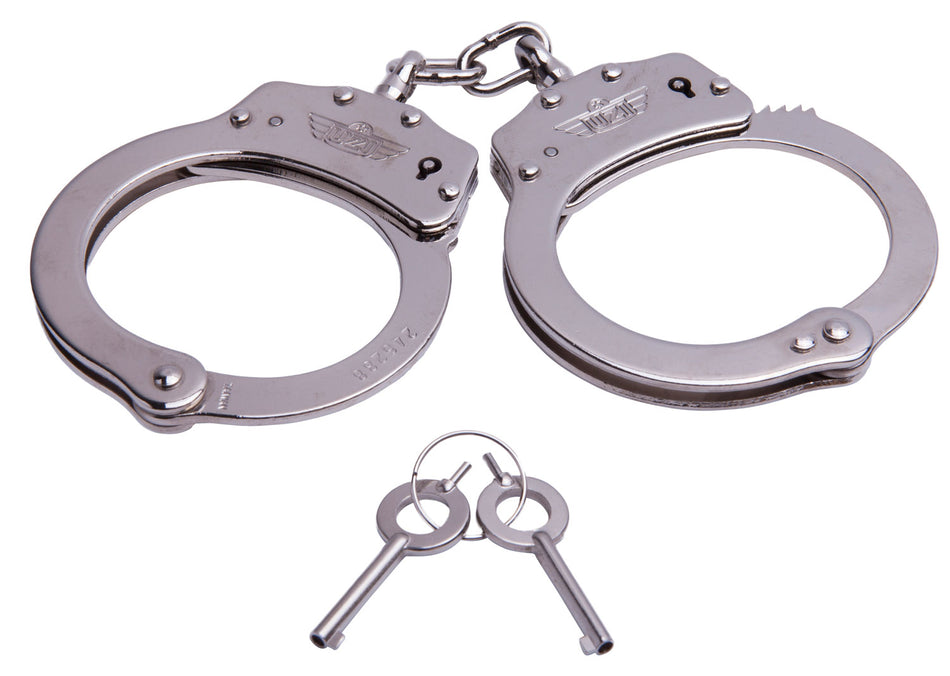 Uzi Silver Stainless Steel Chain Handcuffs 20 Locking Positions 2 Keys