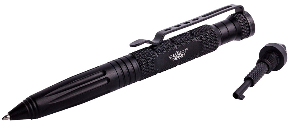 Uzi UZITACPEN6BK Black Aircraft Aluminum Tactical Pen 6" w/ Glass Breaker and Cuff Key