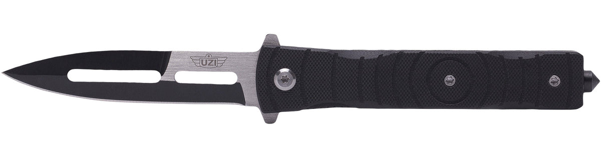 Uzi UZKFDR014 Mossad III Folding Knife 3.50" Spear Point Black/Silver Stainless Steel, G10 Handle, Glass Breaker, Metal Clip