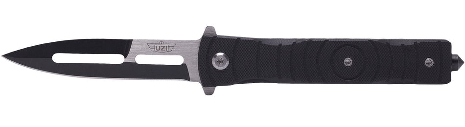Uzi UZKFDR014 Mossad III Folding Knife 3.50" Spear Point Black/Silver Stainless Steel, G10 Handle, Glass Breaker, Metal Clip