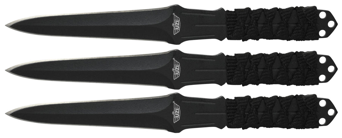Uzi UZKTRW003 Three-Piece Throwing Knife III Set 3" Fixed Straight Back Black Stainless Steel, Nylon Lanyard Handle