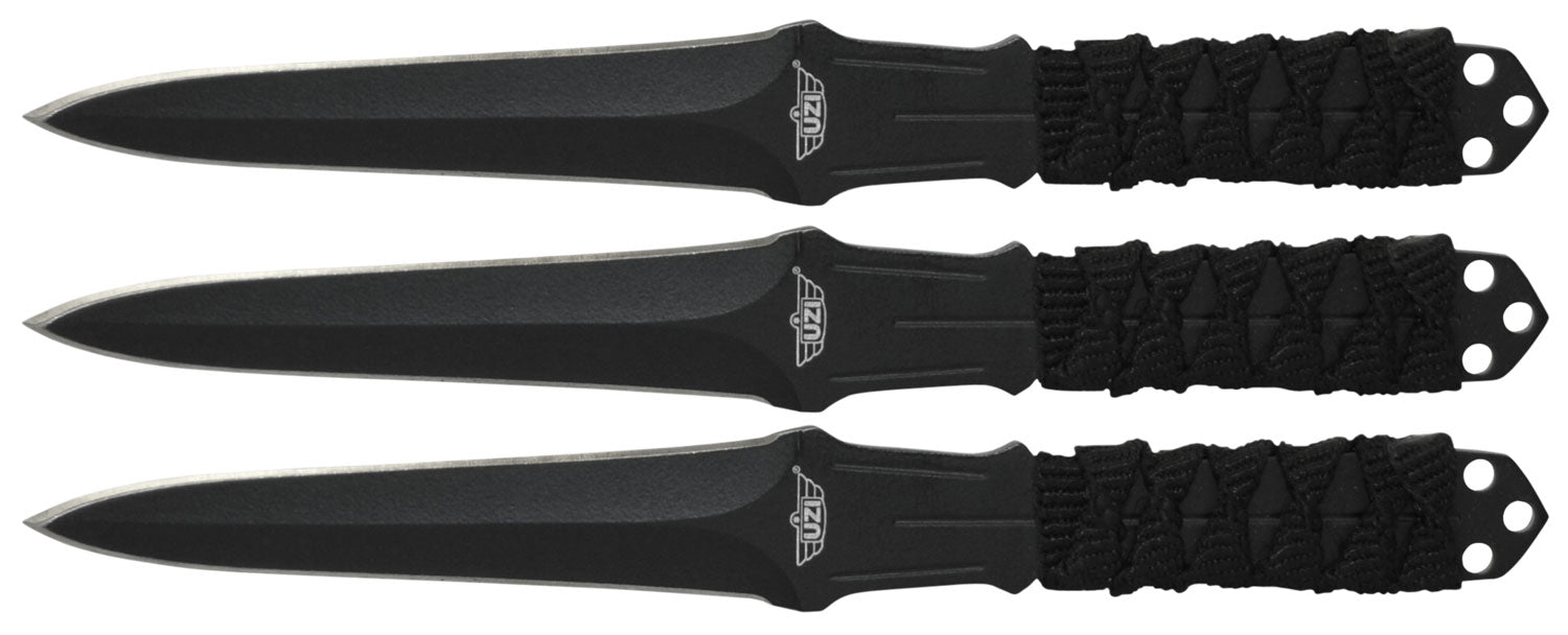 Uzi UZKTRW003 Three-Piece Throwing Knife III Set 3" Fixed Straight Back Black Stainless Steel, Nylon Lanyard Handle