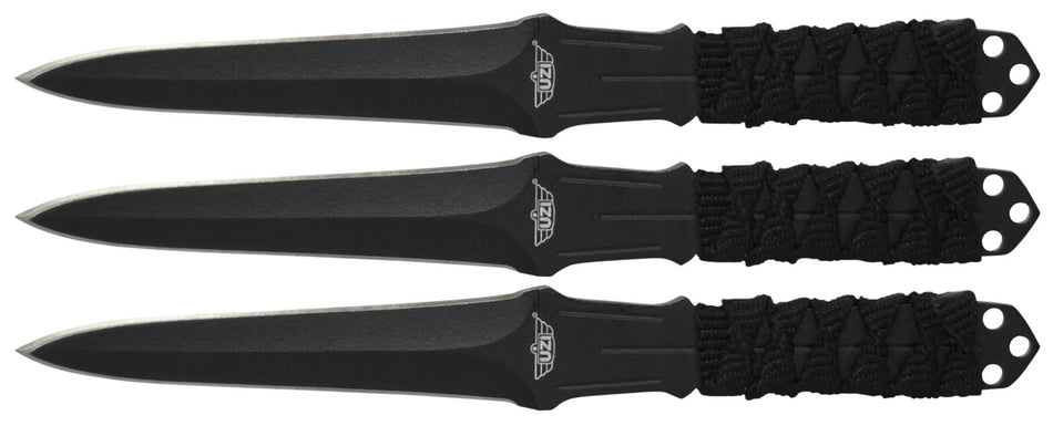 Uzi UZKTRW003 Three-Piece Throwing Knife III Set 3" Fixed Straight Back Black Stainless Steel, Nylon Lanyard Handle