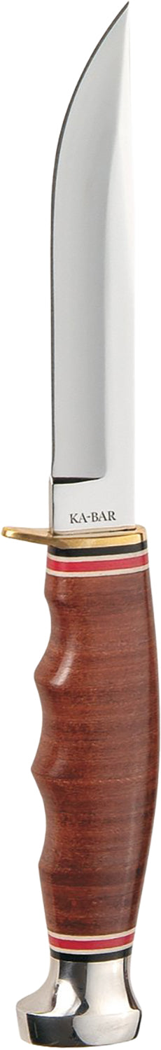 Ka-Bar 1232 Hunter Fixed Blade Knife 4" Polished 5Cr15MoV SS, Stacked Leather Handle & Leather Sheath