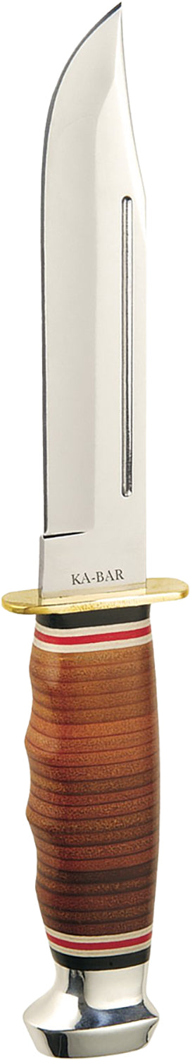 Ka-Bar 1235 Marine Hunter Fixed Blade Knife 5.88" Polished 4116 SS, Stacked Leather Handle & Sheath