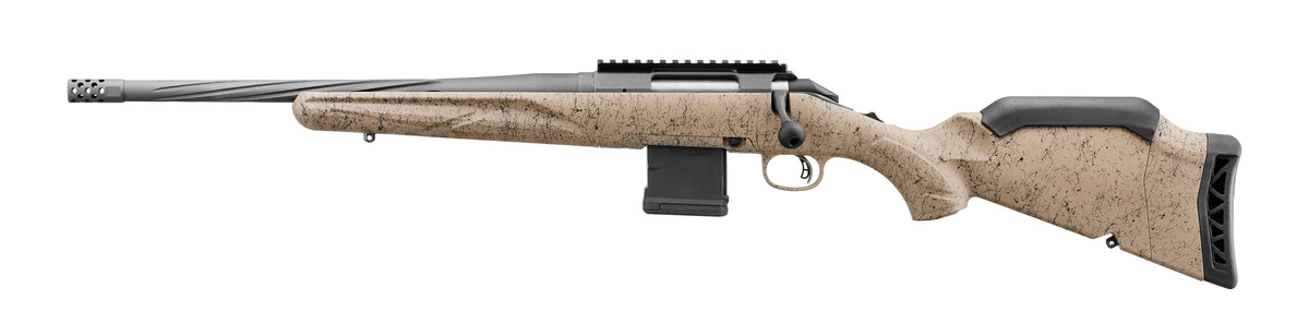 Ruger American II Ranch 5.56 NATO (10+1) 16.10" Cobalt Cerakote Spiral Fluted Threaded Barrel, Picatinny Rail, FDE Splatter Left-Hand Synthetic Stock